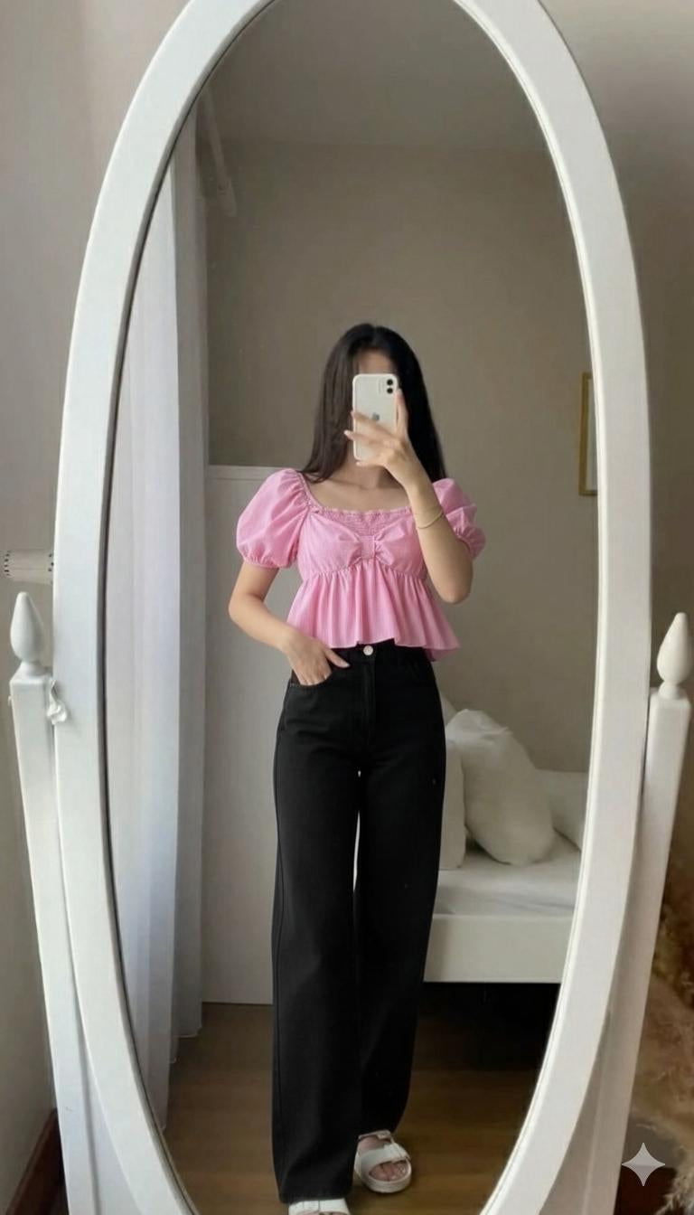 Trendy Pink Puff Sleeve Crop Top & Black Wide-Leg Jeans Outfit