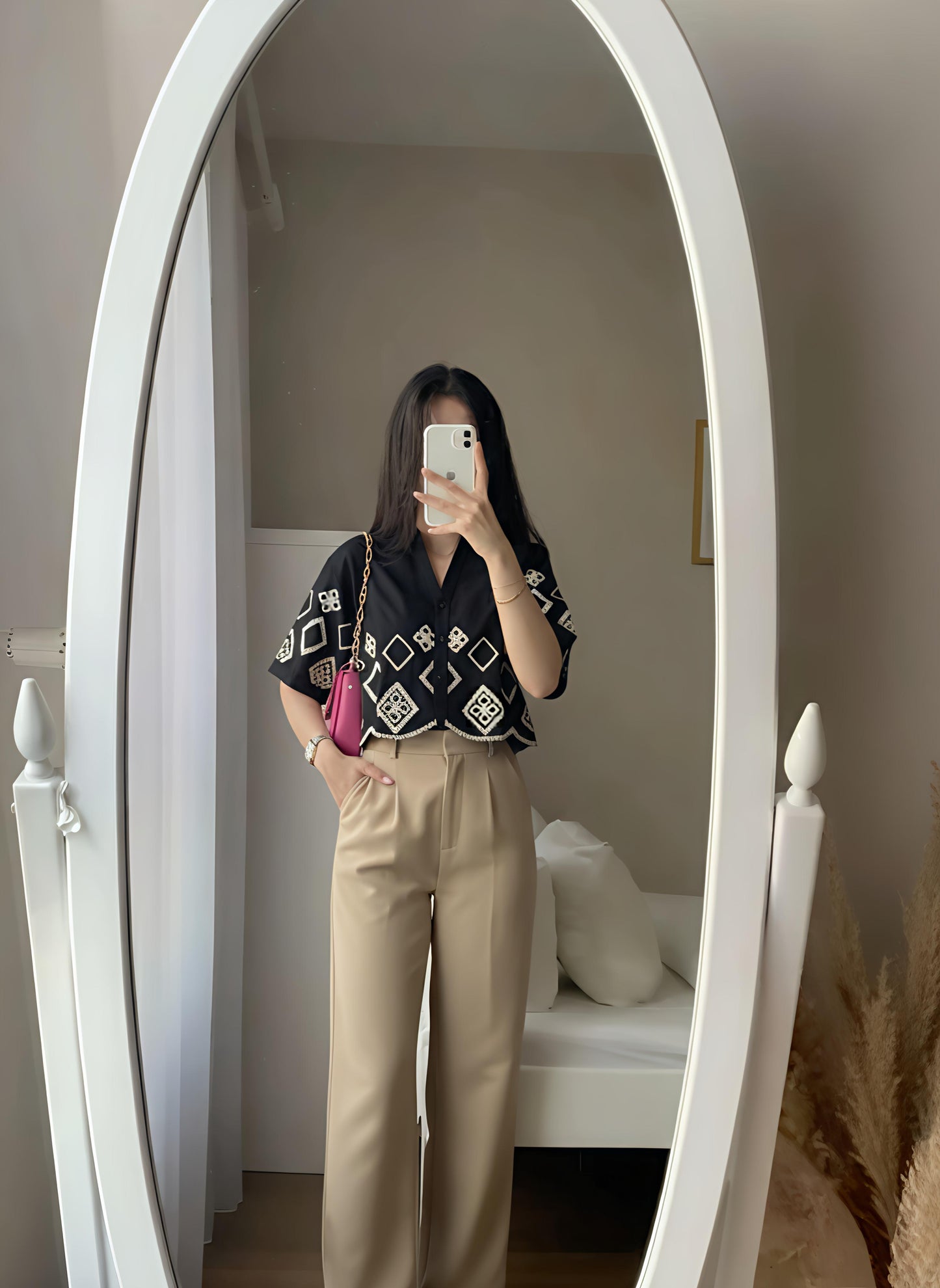 Black Embroidered Short-Sleeve Collared Top and High-Waist Khaki Trousers Chic Set