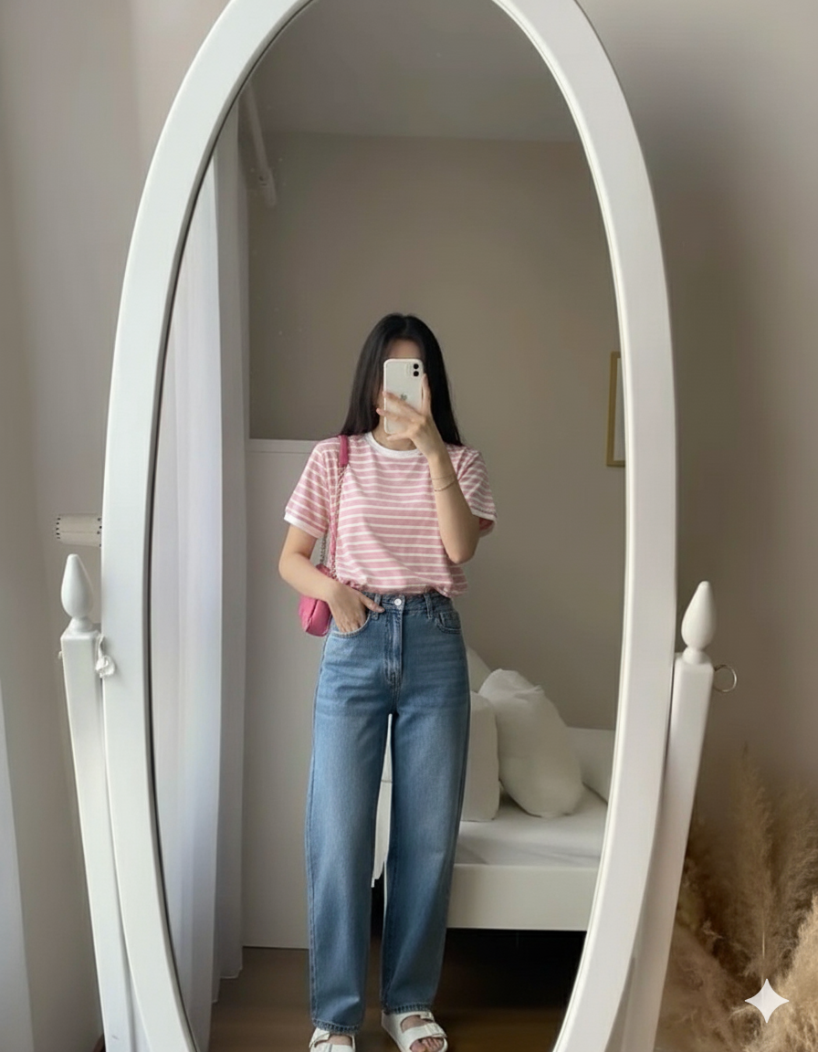 Aesthetic Pink Stripe T-Shirt and High-Waist Denim Look