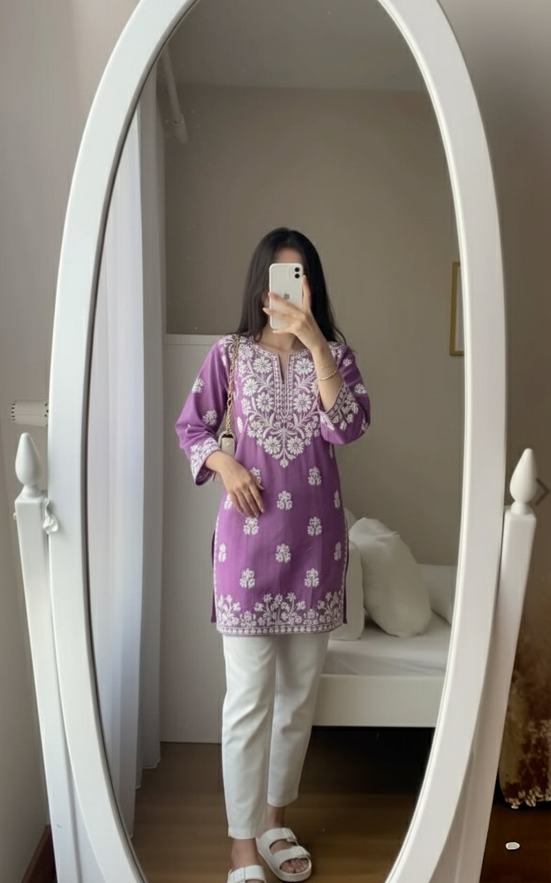 Lavender Chikankari Kurti Set | White Embroidered Cotton Tunic with Pants