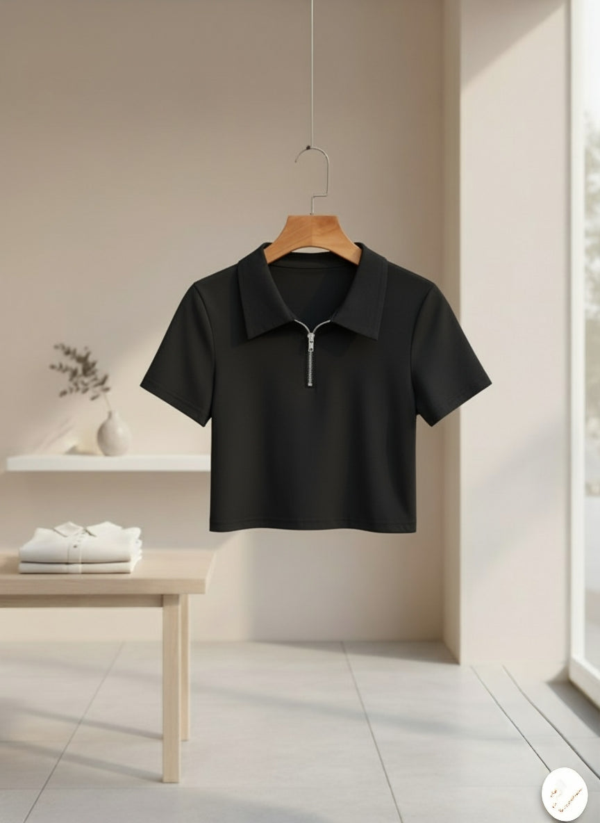 Women's Quarter Zip Polo Collar Short Sleeve Crop Top Tee Shirt