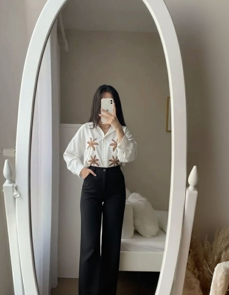 White Embroidered Floral Blouse & Black High-Waist Pants Set