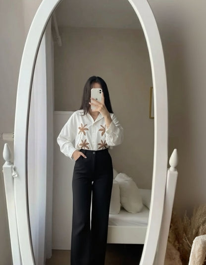 White Embroidered Floral Blouse & Black High-Waist Pants Set