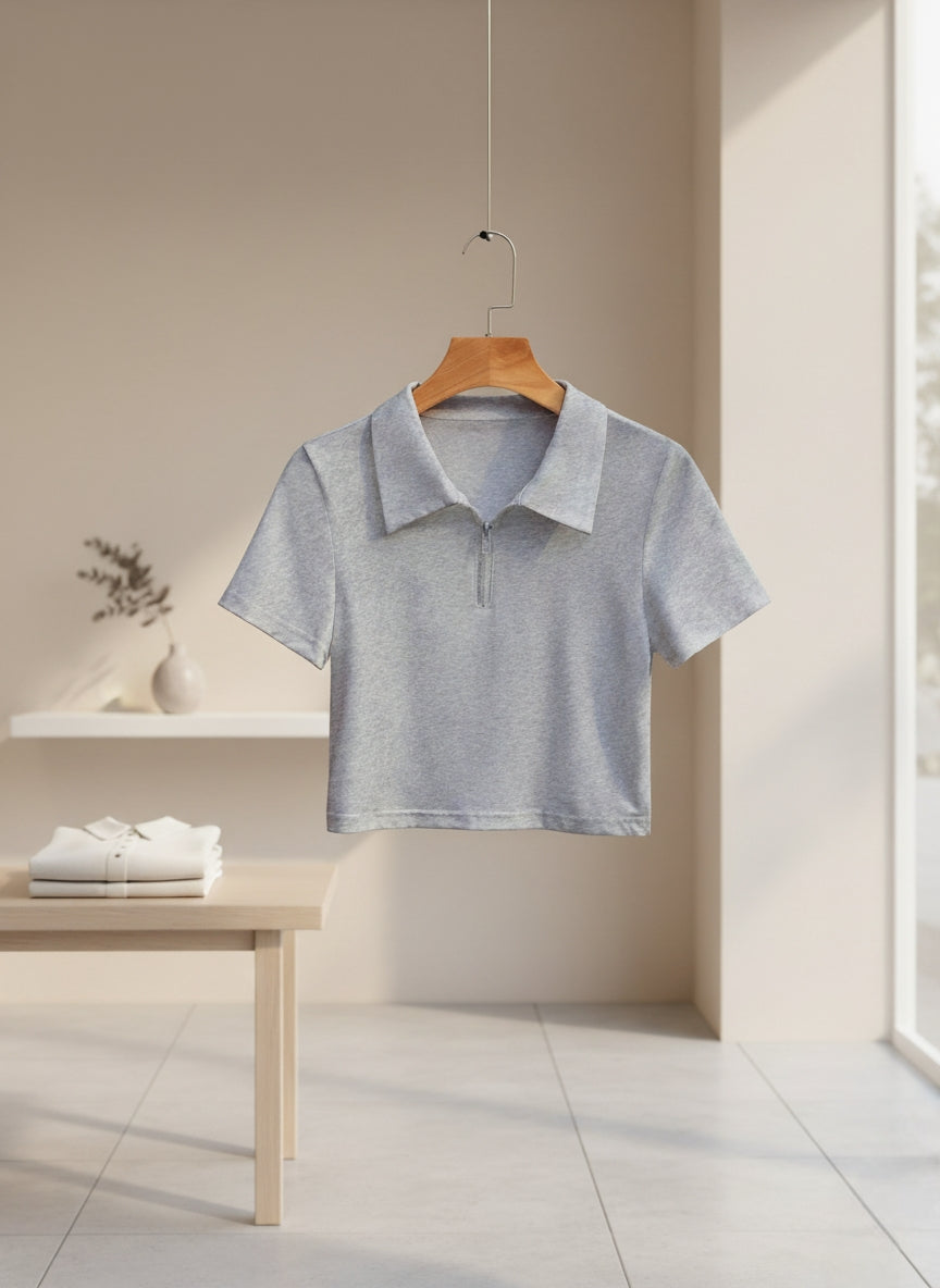 Women's Quarter Zip Polo Collar Short Sleeve Crop Top Tee Shirt
