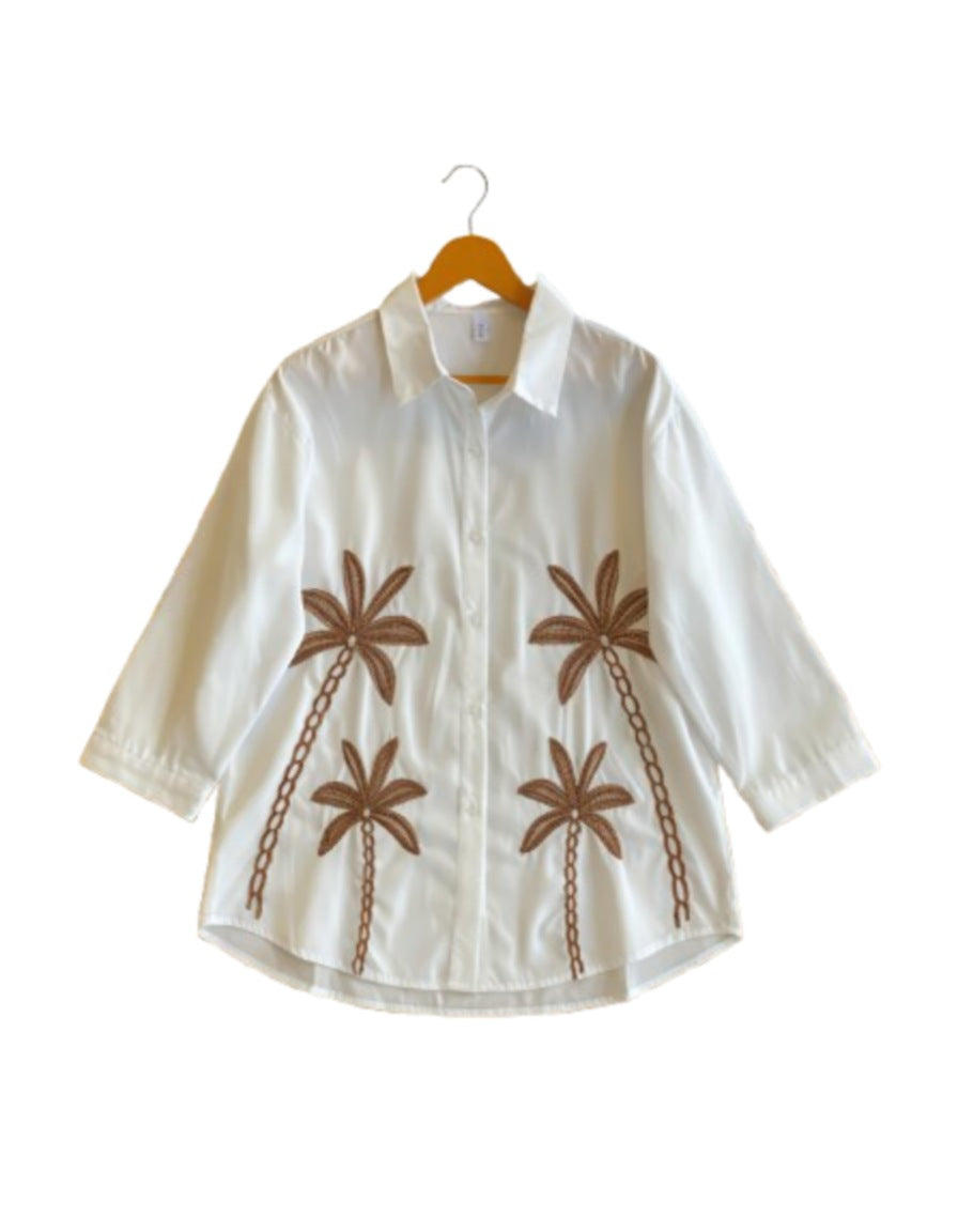 White Embroidered Floral Blouse & Black High-Waist Pants Set