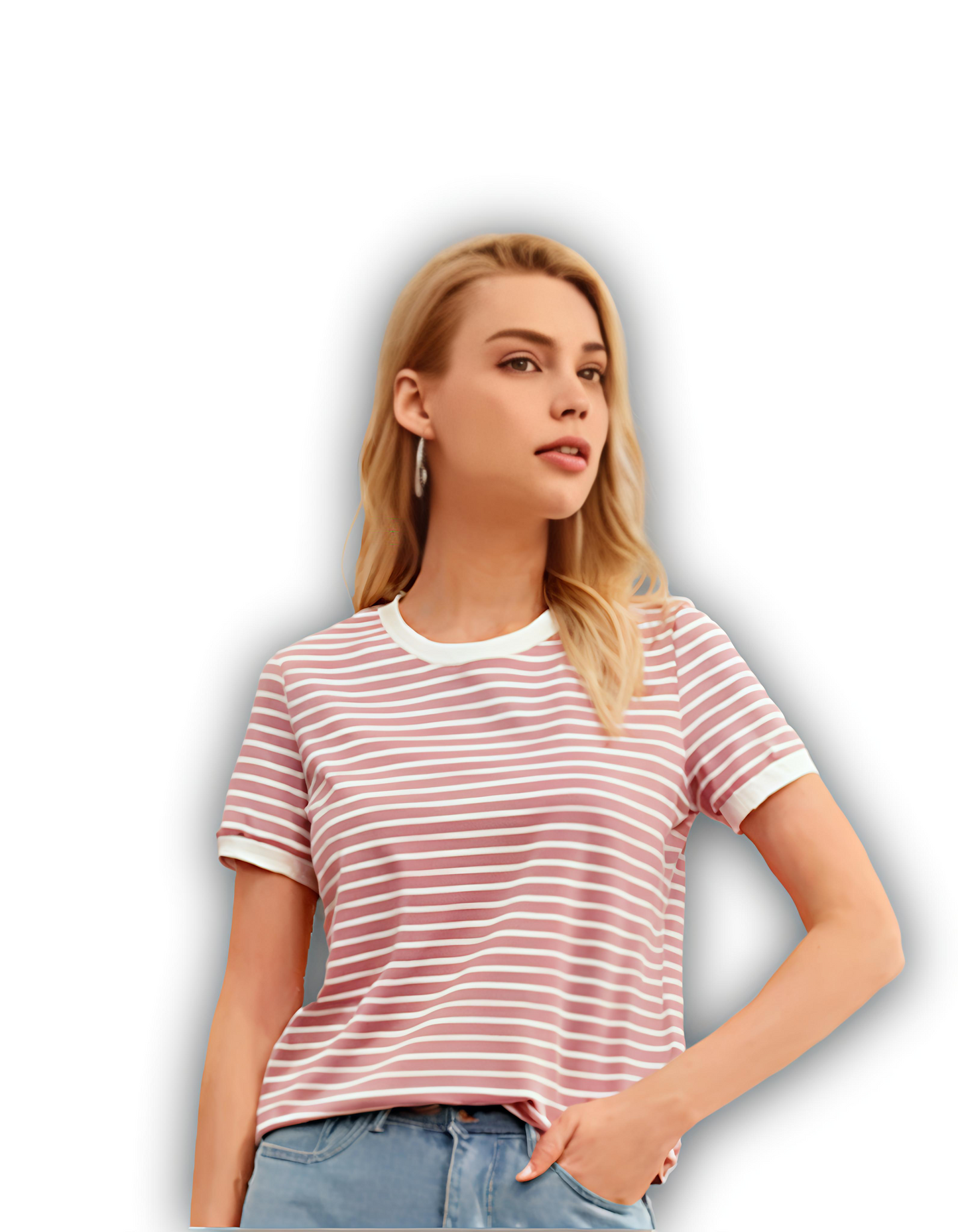 Aesthetic Pink Stripe T-Shirt and High-Waist Denim Look