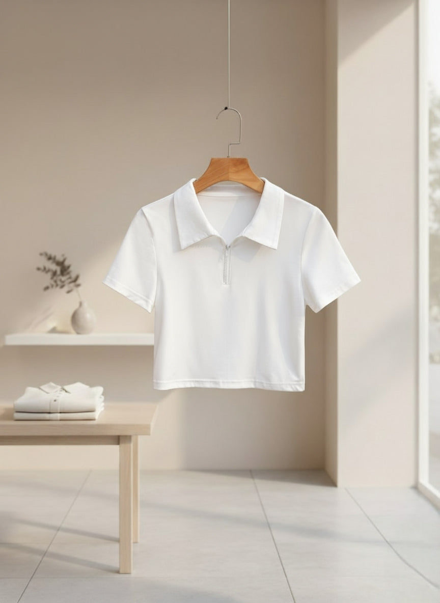 Women's Quarter Zip Polo Collar Short Sleeve Crop Top Tee Shirt