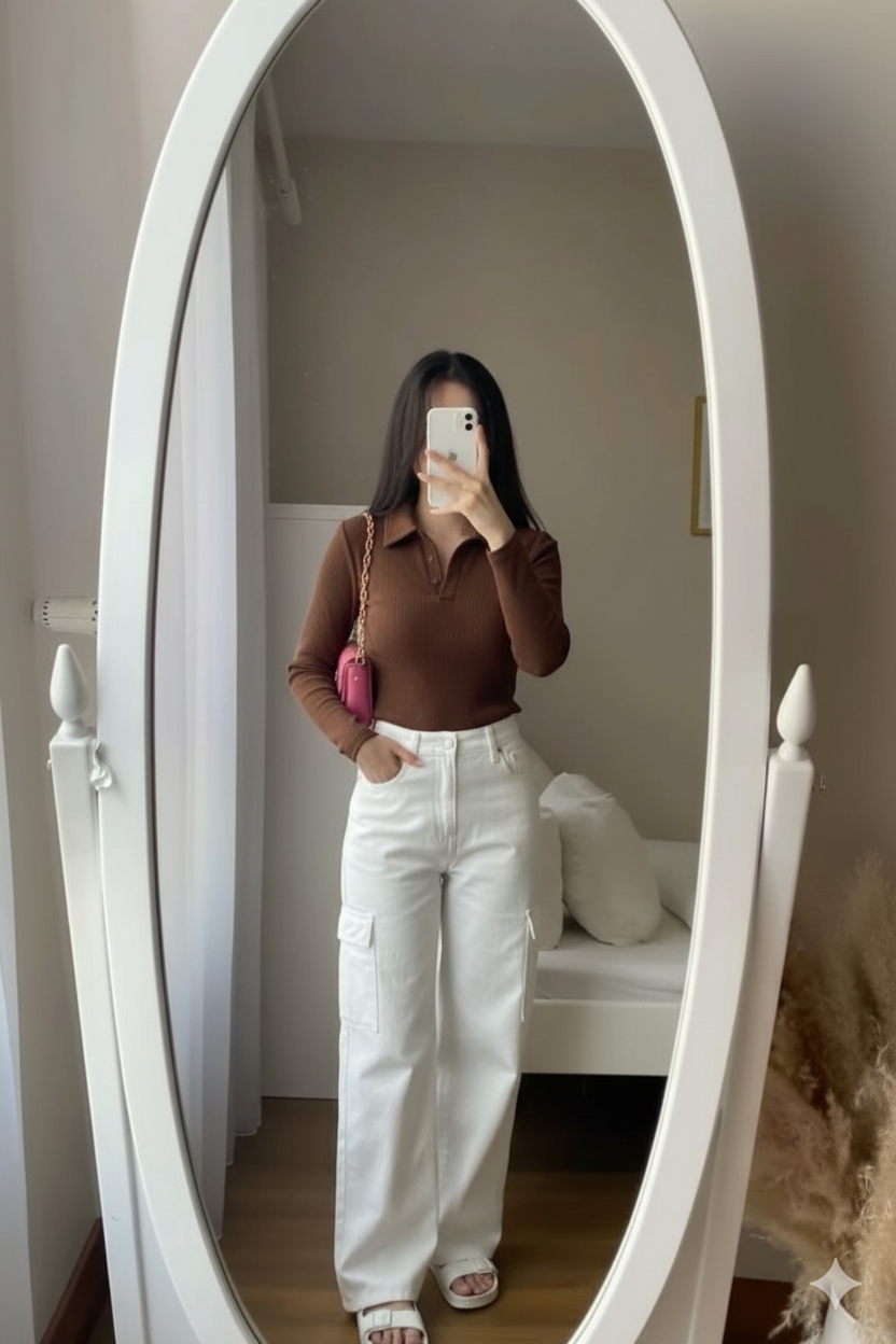 Chic Brown Polo Top & White Wide-Leg Cargo Pant Combo Set