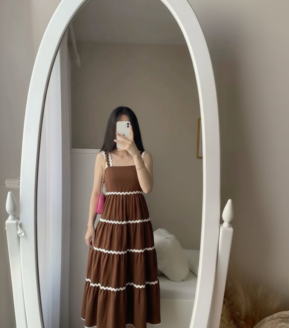 Brown Tiered Maxi Dress with White Scalloped Trim Straps Summer Sundress
