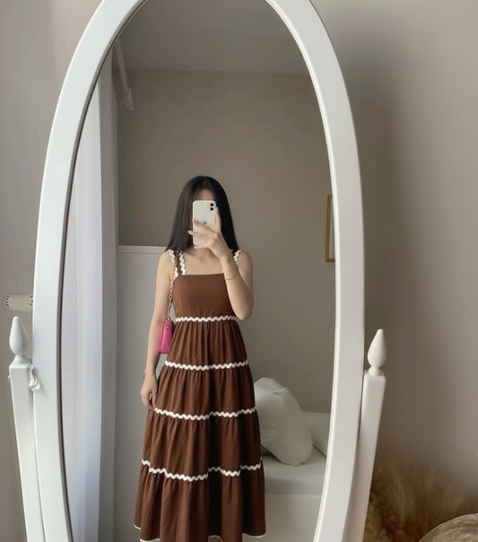 Brown Tiered Maxi Dress with White Scalloped Trim Straps Summer Sundress