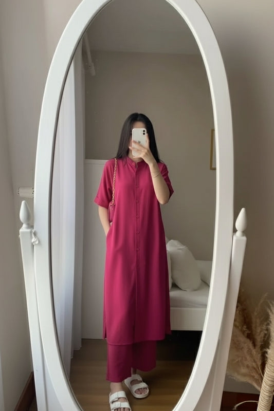 Vibrant Magenta Tunic & Pant Set - Stylish Short Sleeve Modest Co-Ord