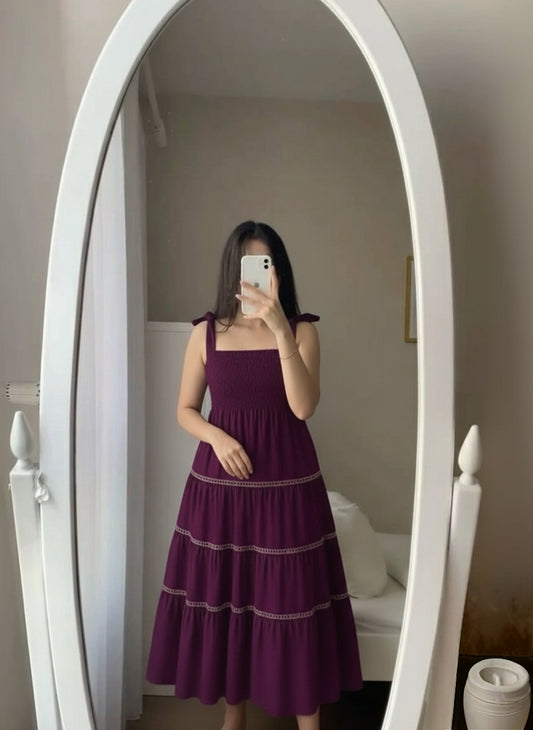 Plum Purple Smocked Bodice Tiered Midi Dress with Tie Shoulders