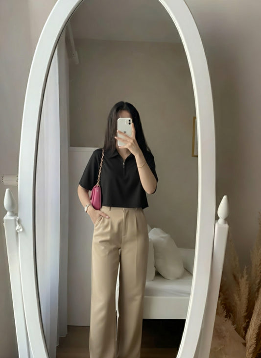 Black Crop Polo Shirt and High-Waist Beige Wide Leg Trousers Office Set