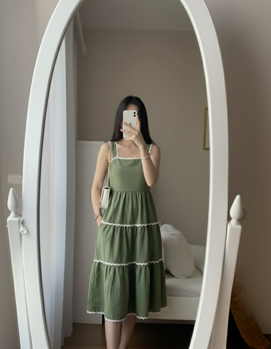 Olive Green Tiered Midi One Pic with White Lace Trim